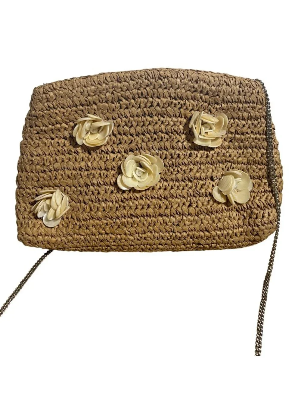From India to You Woven Raffia Crossbody Bag Shell Flower Chain Strap Purse